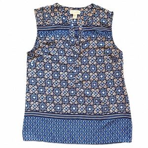 Lucy & Laurel Blue Peach Geometric Medallion Sleeveless Pleated Blouse Small
